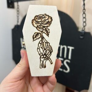 Wooden Coffin Box with Rose Design - 4 inch